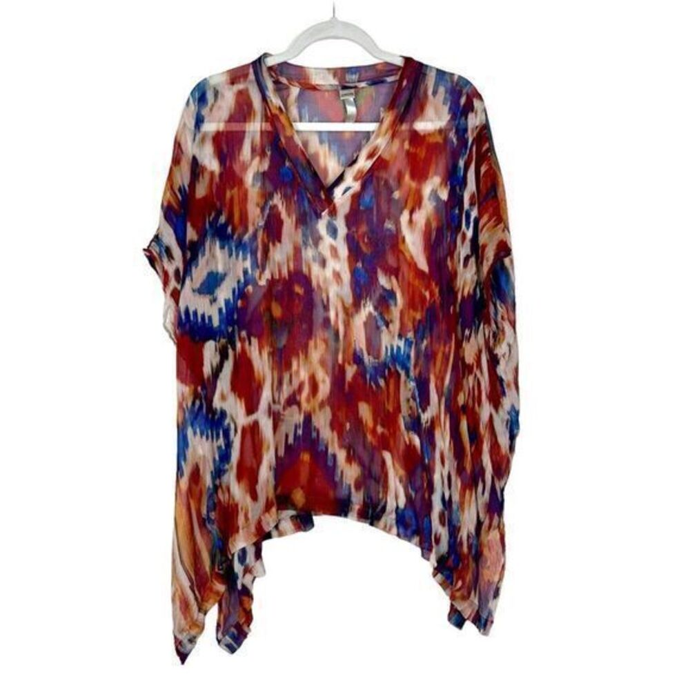 Chico's Silk Sheer Blouse Womens m Blue Cream Orange Watercolor Tunic -flaw